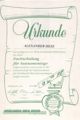 Sauna Montageurkunde Knüllwald helo Sauna